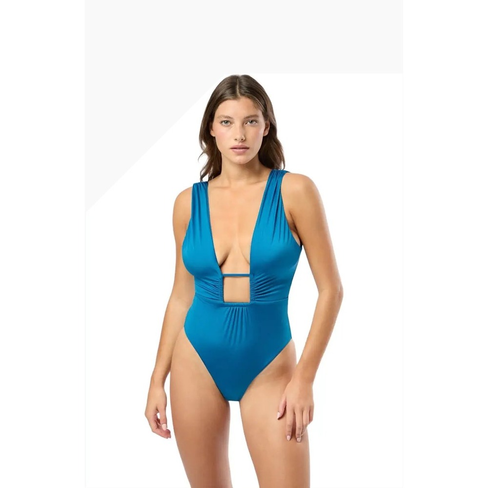 Onia Elise One Piece Swimsuit Mykonos Blue Shimmer Tricot Deep V-Neck Size S NEW
